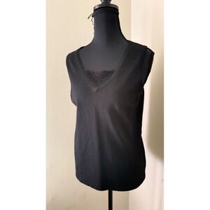 Sleeveless Tank Top Women's Black V-Neck Silk Blend Casual Layering Top